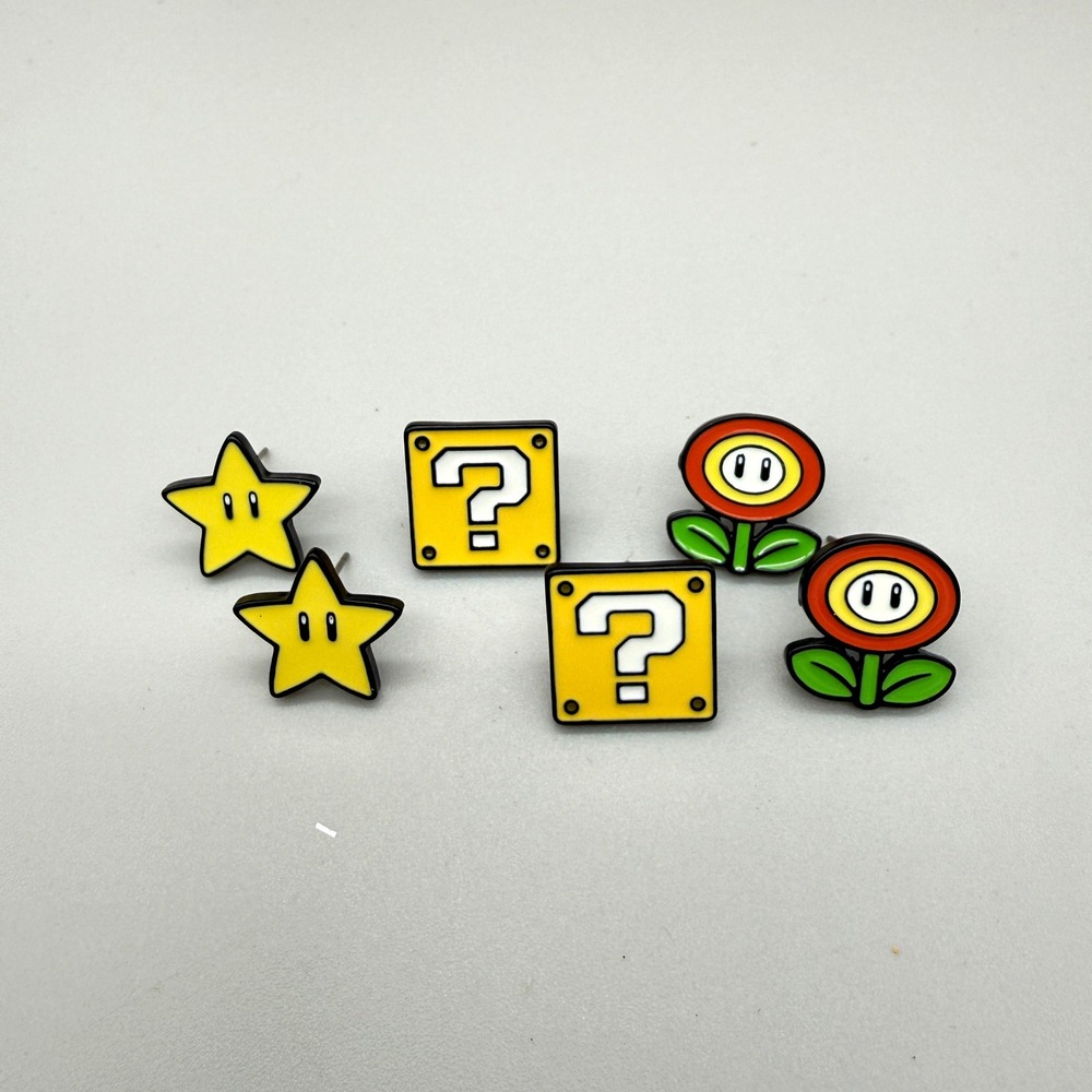 Nintendo Super Mario Bros Earring Set Star Fire Flower Question Block 3 Pairs